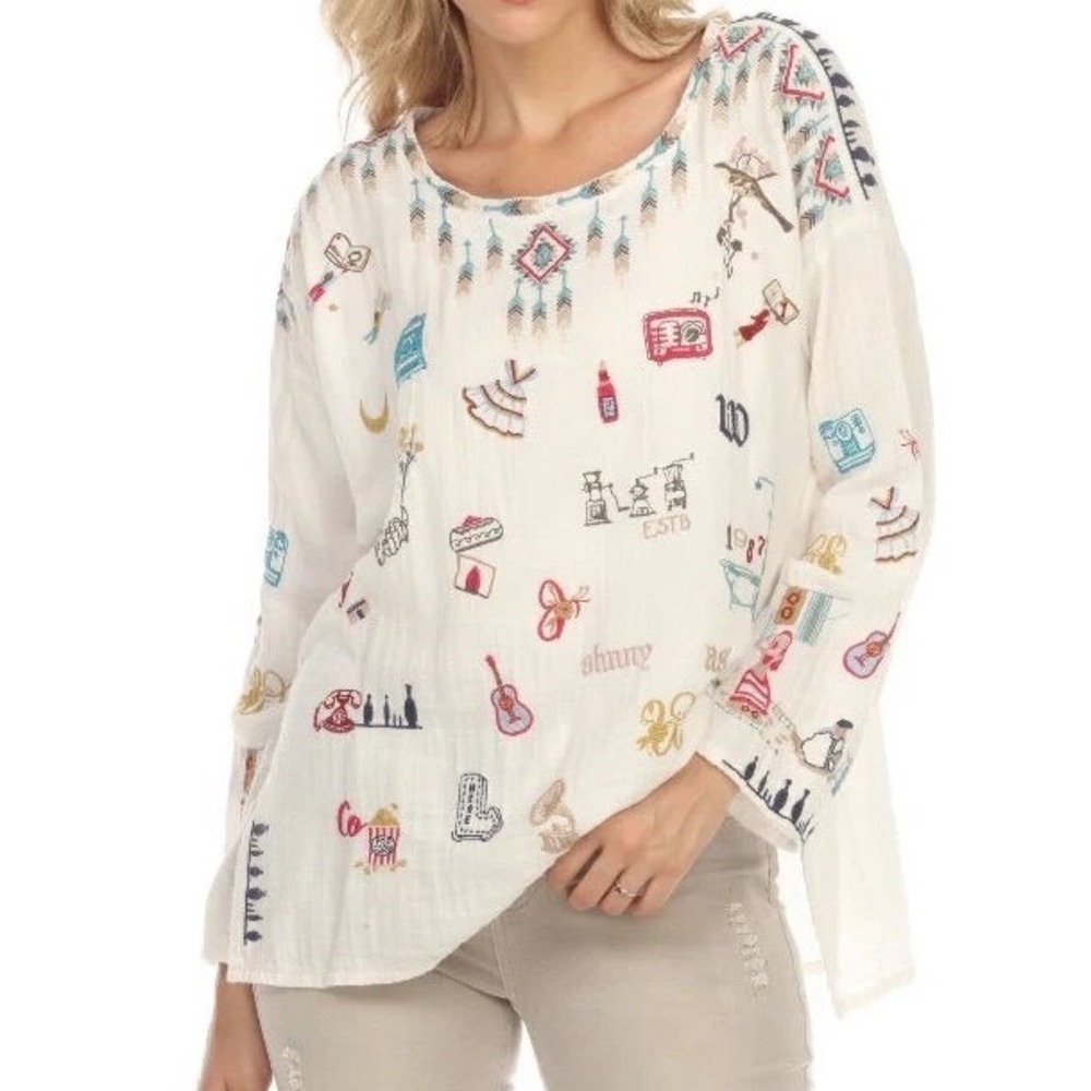 Biya Johnny Was Embroidered Cotton Gauze Blouse White Boho Southwestern Top S e5